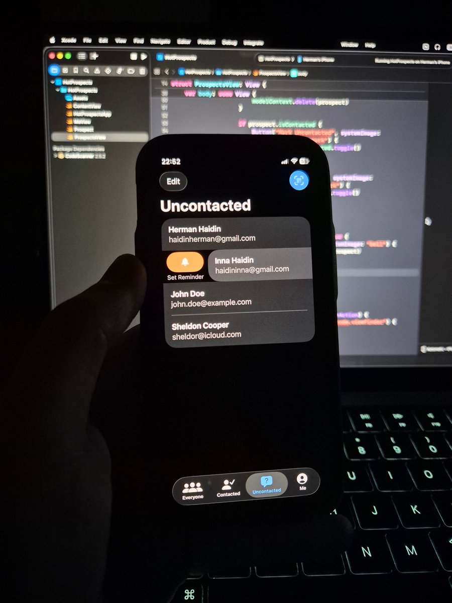 hermanhaidin's tweet image. ☑️ day 85 of #100DaysOfSwiftUI

finally wrapped up the Hot Prospects app: qr codes, swipe actions, notifications, and of course… swiftdata

learned a ton on this one