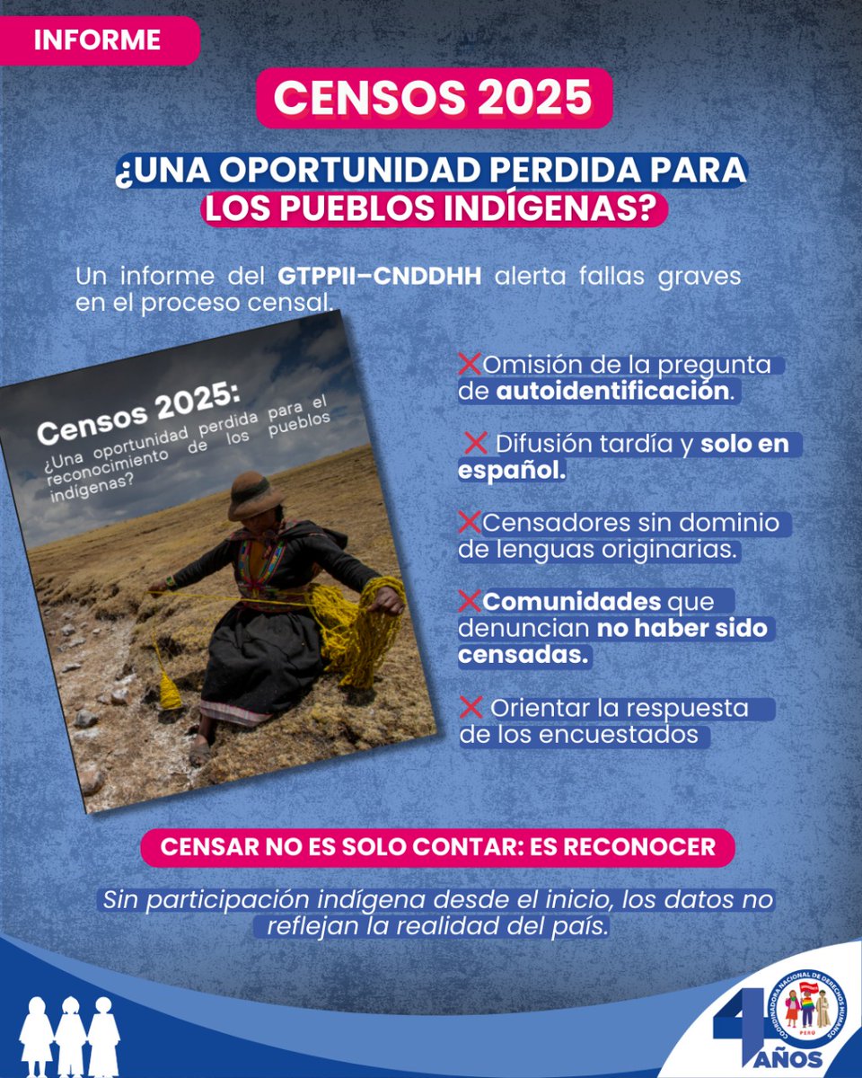 📢 Censo 2025: ¿Una oportunidad perdida para el reconocimiento de los pueblos indígenas?

<a href="/CooperAccionPER/">CooperAccion</a>, integrante del #GTPPII de la <a href="/cnddhh/">CNDDHH 🇵🇪 #NoALaLeyDeAmnistía</a> comparte un nuevo documento elaborado por el GTPPII, el cual advierte serias fallas en el proceso censal: omisión de la pregunta de