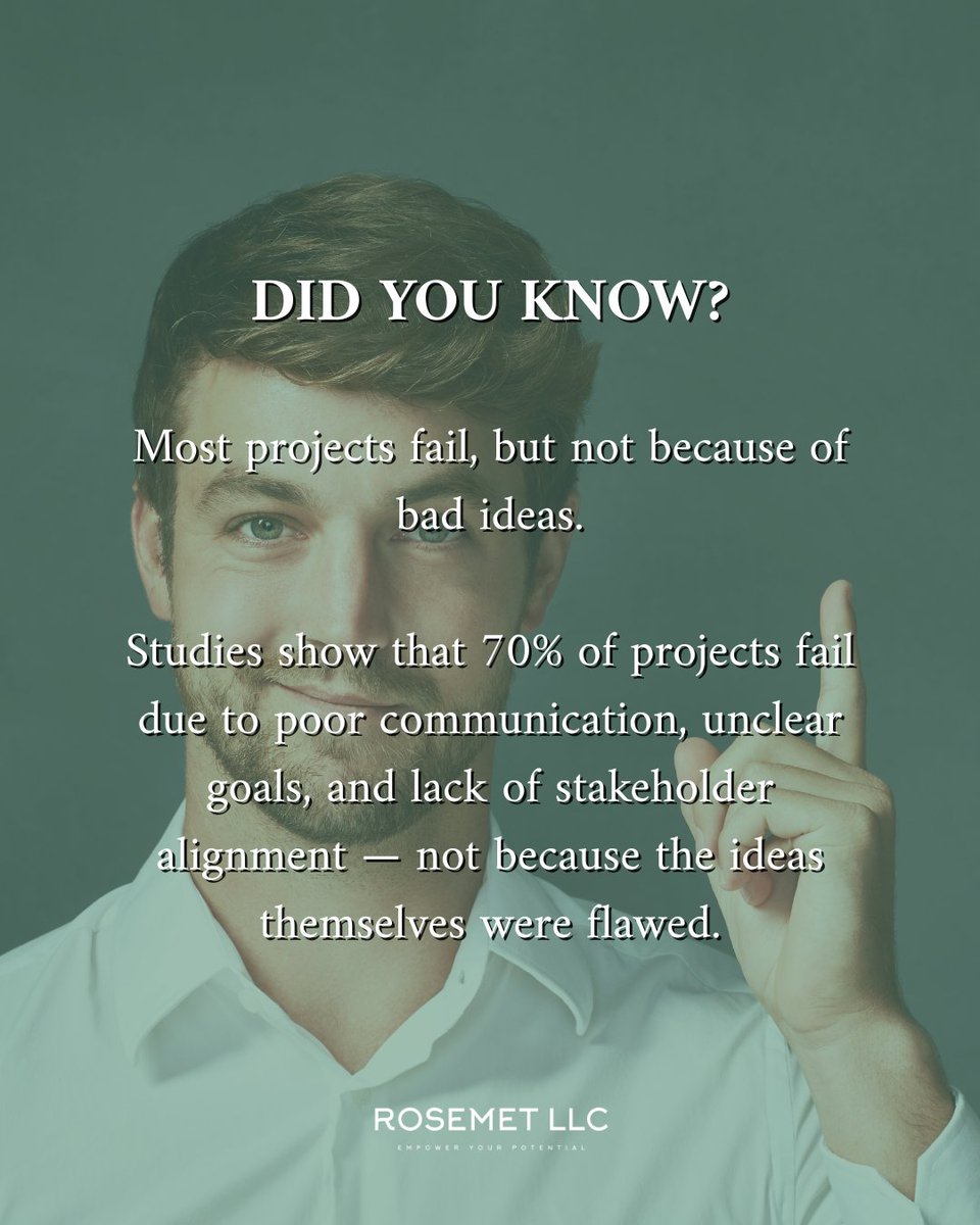 rosemetllc's tweet image. Great ideas aren’t enough. Projects fail when teams aren’t aligned. Communication, clarity, and collaboration make the difference.

#ProjectLeadership #TeamCommunication #ProjectPlanning #AlignmentMatters #SuccessFactors #RosemetLLC