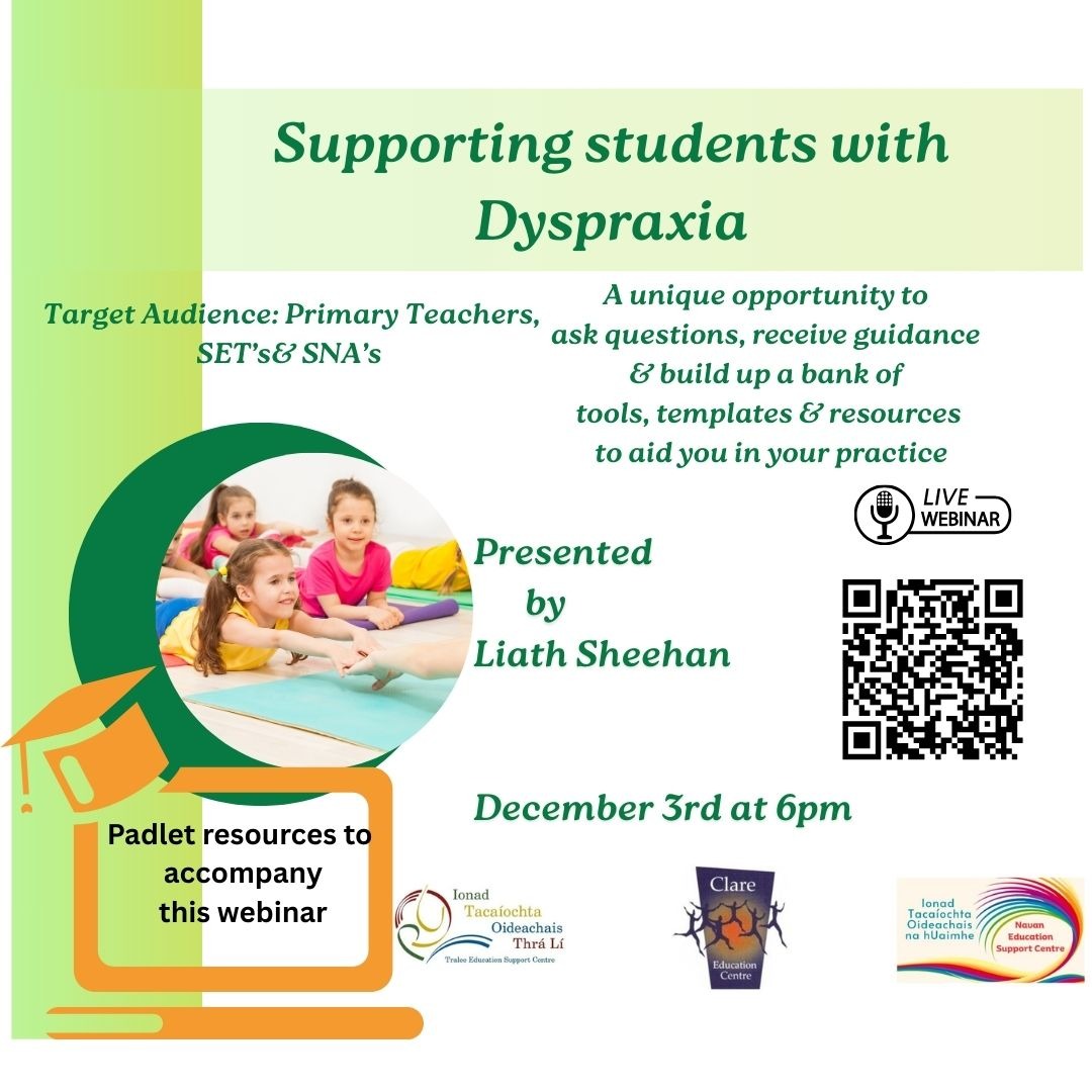 NavanESC's tweet image. 📢 Supporting Students with Dyspraxia (P)(SNA)

📅 3 Dec 25 | ⏰ 6–7PM | 💻 Zoom | 💰 Free

Learn how dyspraxia affects coordination, organisation &amp;amp; classroom confidence  plus practical strategies to support participation and inclusive learning.

🔗: zoom.us/webinar/regist…