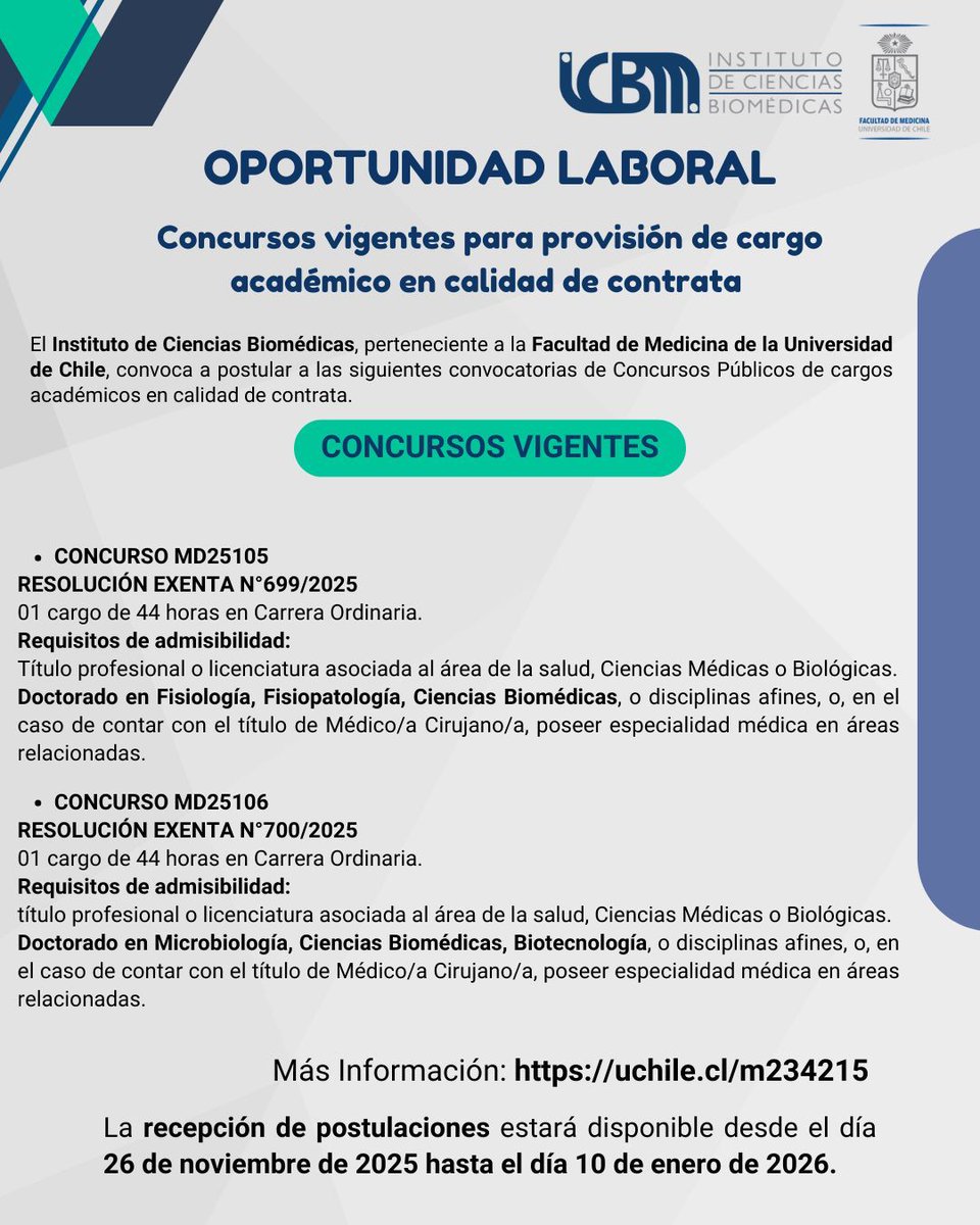 Convocatoria abierta: cargos académicos para el ICBM en la Facultad de Medicina, Universidad de Chile. Consulta las bases completas y postula aquí → uchile.cl/m234215