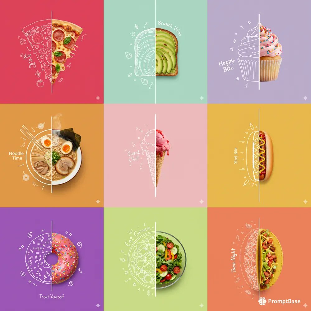 promptbase's tweet image. Split Food Doodle Ad Posters by klay using Gemini Image 🍕✏️