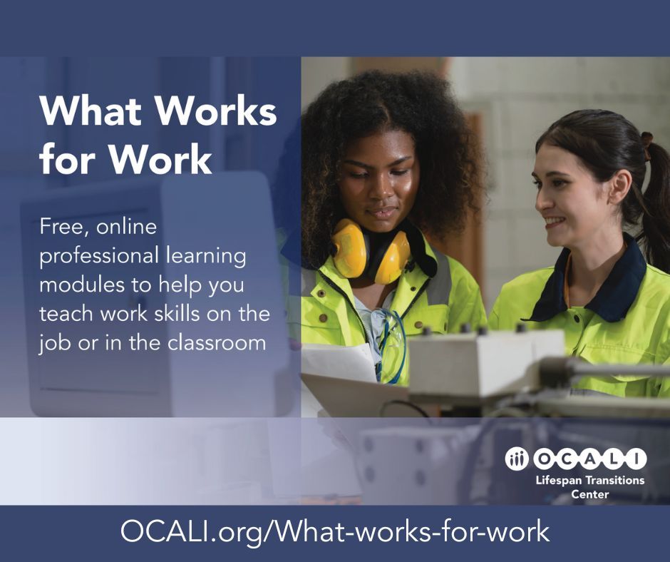 OCALIofficial's tweet image. Calling all educators, employment service providers, and support staff! Are you looking to train new employees? Our free online modules, What Works for Work, will help you teach skills to youth and adults with disabilities for successful employment. ocali.org/what-works-for…