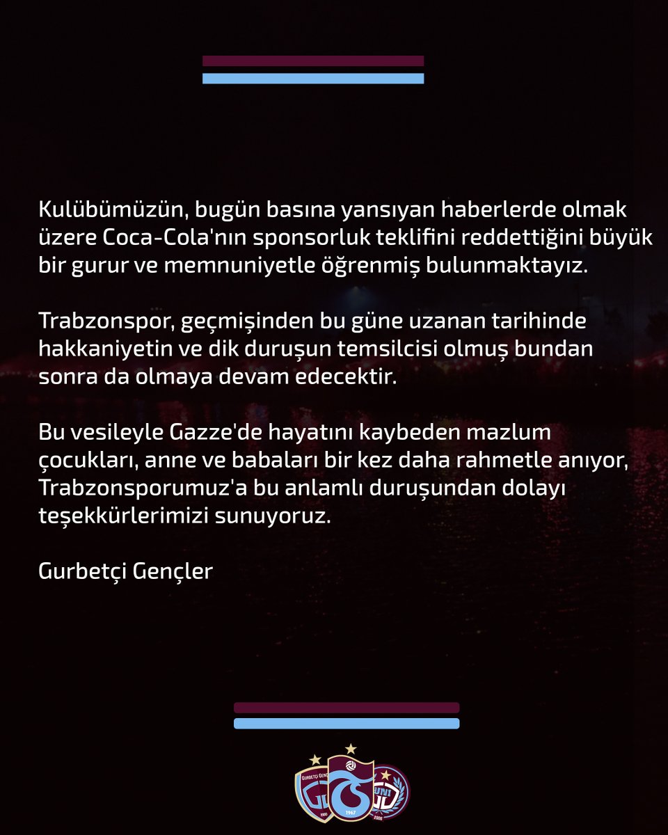 Kulübümüzün, bugün basına yansıyan haberlerde olmak üzere Coca-Cola'nın sponsorluk teklifini reddettiğini büyük bir gurur ve memnuniyetle öğrenmiş bulunmaktayız.

#GurbetçiGençler