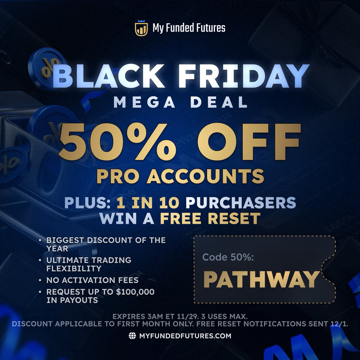 ProlongWealth's tweet image. 🔥MFFU BLACK FRIDAY IS LIVE!🔥

Today only:

50% OFF the Pro Plan

🎁1 in 10 Pro buyers get a FREE reset

No activation fee

💰$100K payout request cap

The most flexible plan

Discount link bit.ly/myfundedfutures code: PATHWAY