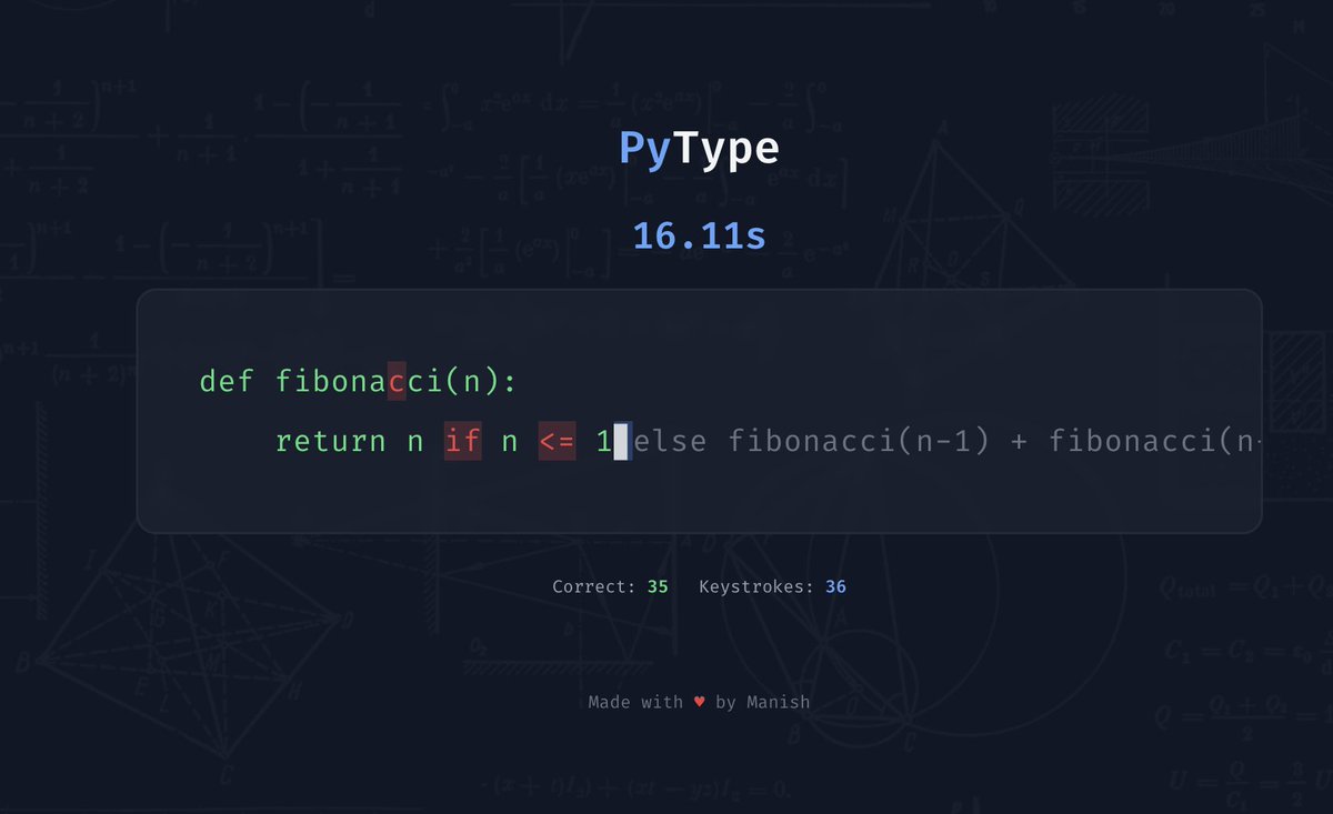 lucifer_x007's tweet image. Hey everyone, vibe coded something simple yet cool tonight 😴

: PyCodeType : 

A minimal, clean UI where you can test your coding speed (built for Python).

Also added a quick image snap of the tool in action.

Deployed link in comment