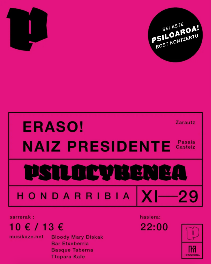 HontzaP's tweet photo. @erasomusika - Hondarribia - Psilocybenea
Datorren larunbatean, azaroak 29
Talde gonbidatua: #NaizPresidente
"ERASO! taldeak agur esango dio, bi hamarkada baino gehiagoko ibilbidearen ostea".
Ez galdu talde mitiko honen agurra!
Sarrerak: https://t.co/WO9GfDhlOB
#Eraso #agurra https://t.co/LJlFlAAHlU