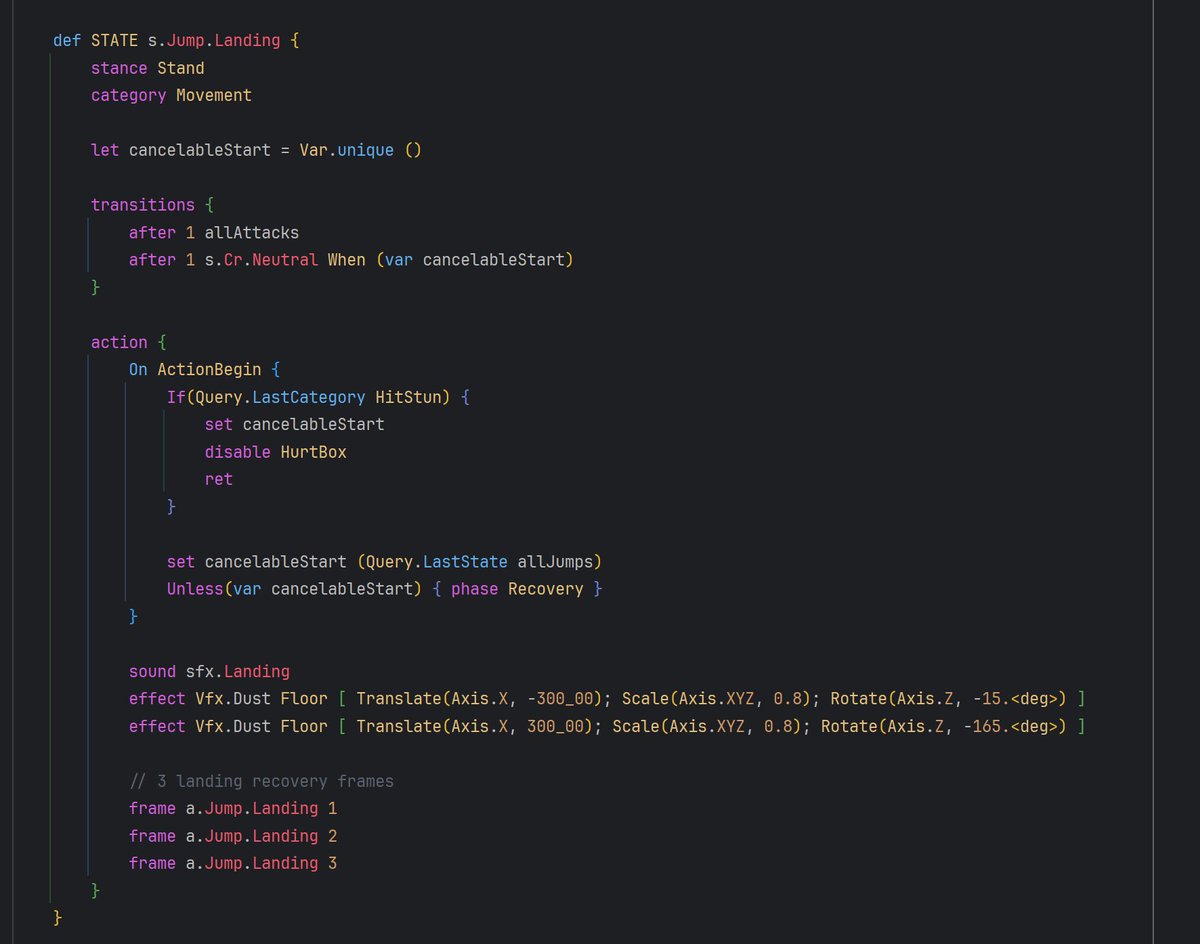 LucasTeles42's tweet image. Sneak peek at my F# DSL for defining fighting-game character states 

#fsharp #dotnet #gamedev #indiedev #fightinggame