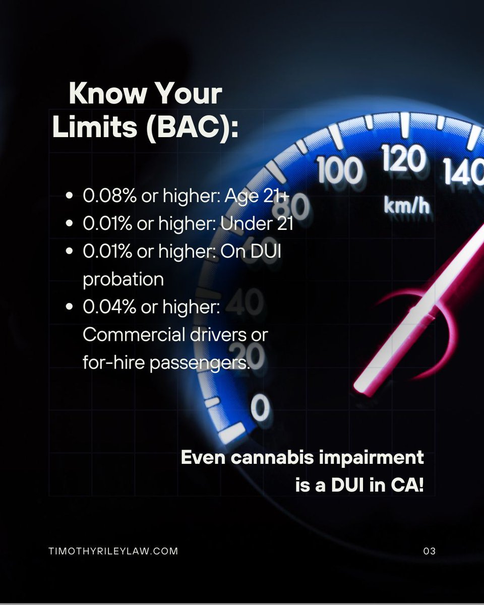 TimothyRileyLaw's tweet image. Think a DUI is just a slap on the wrist? Think again. In California, a DUI can mean serious jail time, massive fines, and a criminal record that impacts your life for years. 

#CADUI #DUILawyer #DUIdefense #CaliforniaLaw #DUILimits #KnowYourRights #TimothyRileyLaw #DUIarrest