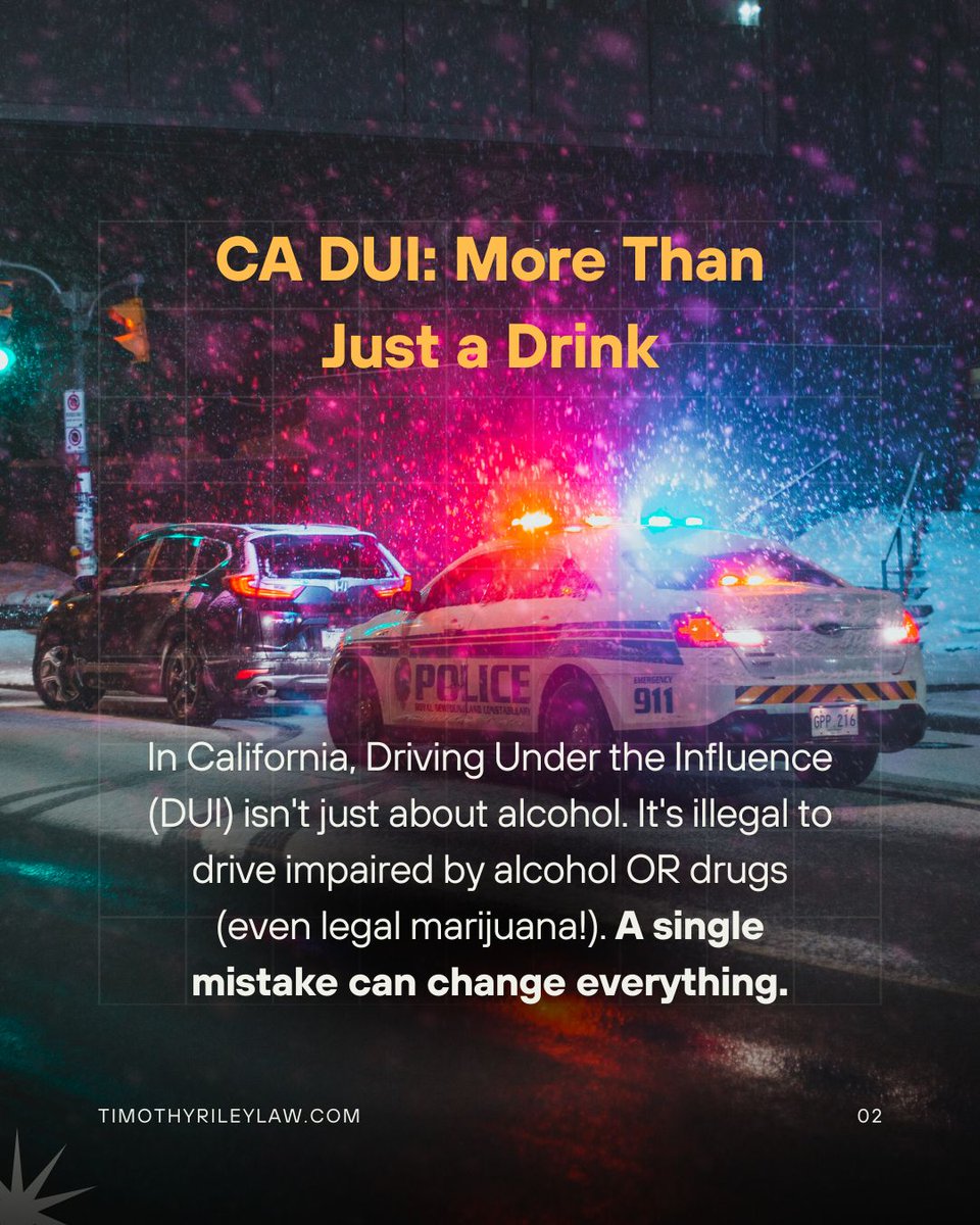 TimothyRileyLaw's tweet image. Think a DUI is just a slap on the wrist? Think again. In California, a DUI can mean serious jail time, massive fines, and a criminal record that impacts your life for years. 

#CADUI #DUILawyer #DUIdefense #CaliforniaLaw #DUILimits #KnowYourRights #TimothyRileyLaw #DUIarrest