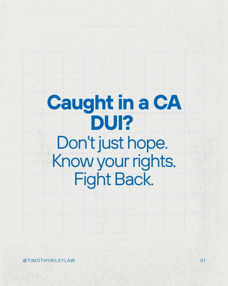 TimothyRileyLaw's tweet image. Think a DUI is just a slap on the wrist? Think again. In California, a DUI can mean serious jail time, massive fines, and a criminal record that impacts your life for years. 

#CADUI #DUILawyer #DUIdefense #CaliforniaLaw #DUILimits #KnowYourRights #TimothyRileyLaw #DUIarrest