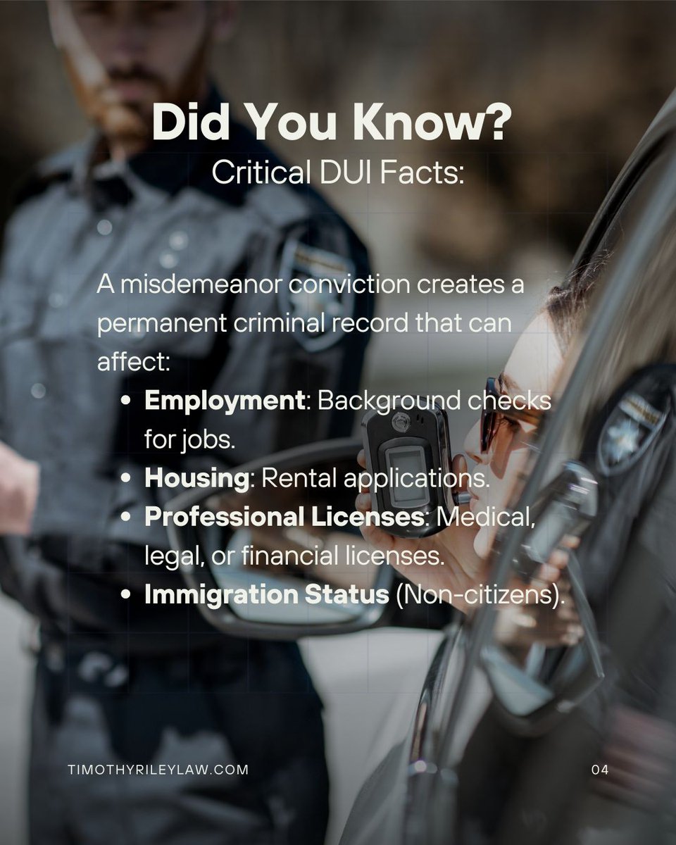 TimothyRileyLaw's tweet image. Think a DUI is just a slap on the wrist? Think again. In California, a DUI can mean serious jail time, massive fines, and a criminal record that impacts your life for years. 

#CADUI #DUILawyer #DUIdefense #CaliforniaLaw #DUILimits #KnowYourRights #TimothyRileyLaw #DUIarrest