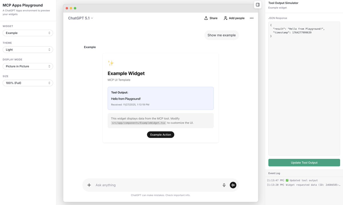 gching's tweet image. my kind of cooking on thanksgiving 🦃

MCP Apps Playground on @ChatGPTapp + @CloudflareDev + @RedwoodJS 

Benefits of the official ChatGPT Apps SDK UI is that you can easily create the exact interface for ChatGPT 😏

For my daily grind of ChatGPT Apps, open source soon!!!