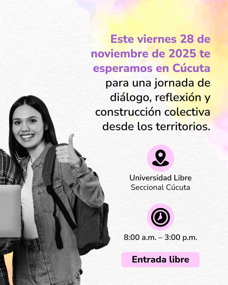 Si te mueven los temas de paz, territorio y justicia transicional, este encuentro es para ti.

Ven a escuchar, participar y conectar con otros semilleros del país.

📅 28 de noviembre de 2025
📍 Universidad Libre – Seccional Cúcuta
⏰ 8:00 a.m. – 3:00 p.m.

¡Te esperamos!