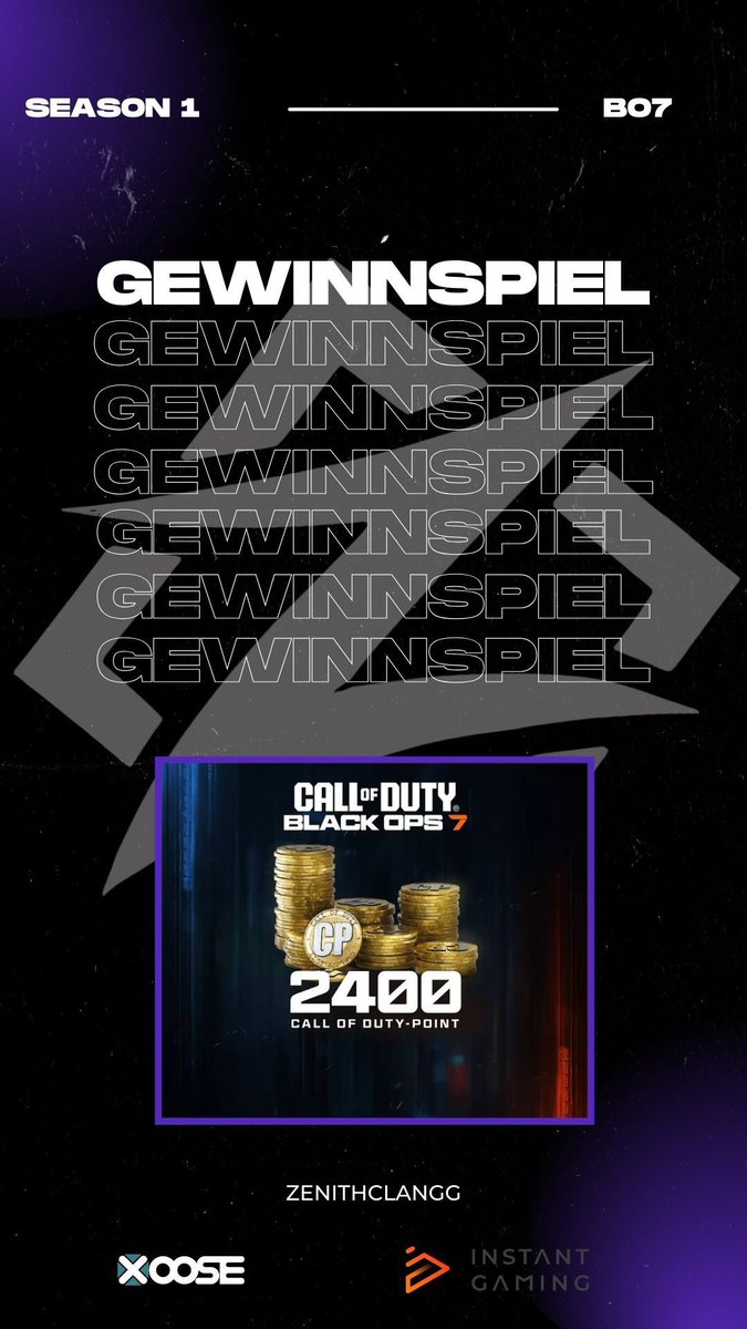 2400 CoD Points Gewinnspiel 
für den Start von Season 1 am 04.12.25  !

Wie ihr teilnehmen könnt?

~ Makiert 2 Freunde 
~ Folgt uns 
~ Liket und Retweet 

Der Gewinner wird am 03.12.25 von uns hier auf X angeschrieben !

Wir wünschen euch Viel Glück !