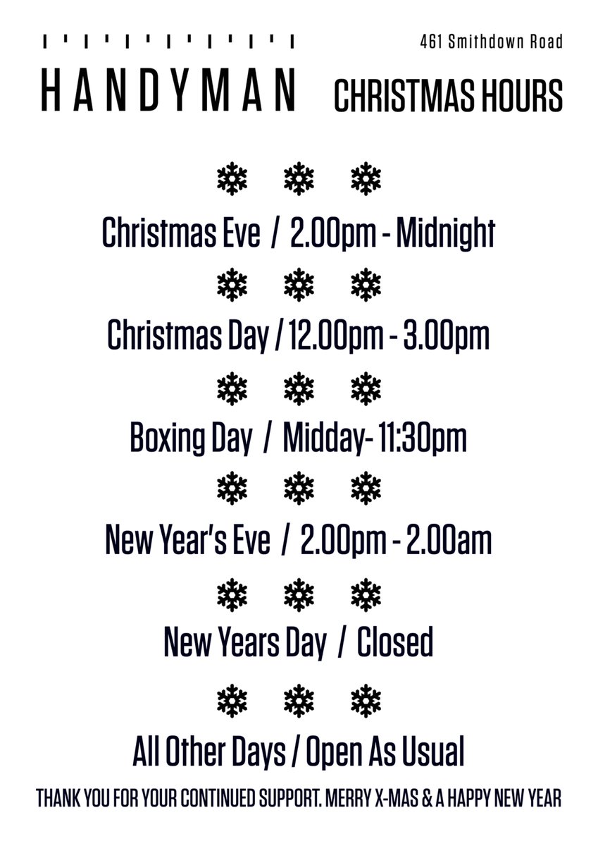 xmas opening hours <a href="/handymanSmarket/">HANDYMAN SUPERMARKET</a> / <a href="/handymanbrewery/">Beer</a> .... also join us as usual on New Year's Eve to bring in 2026 with <a href="/edgarsummertyme/">Edgar Summertyme Jones</a> !

Merry Xmas &amp; a Happy New Year Everyone!