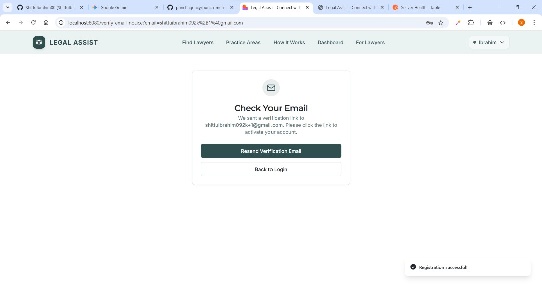 ShittuIbrrahim's tweet image. Day 16/30 🔥🎊

Integration COMPLETE! I have successfully connected the Legal-Assist UI to the secure backend endpoints. Registration now triggers the verification email service, completing the full user sign-up flow. Frontend + Backend = 🔥. 

#FullStack #LegalTech #legalassist