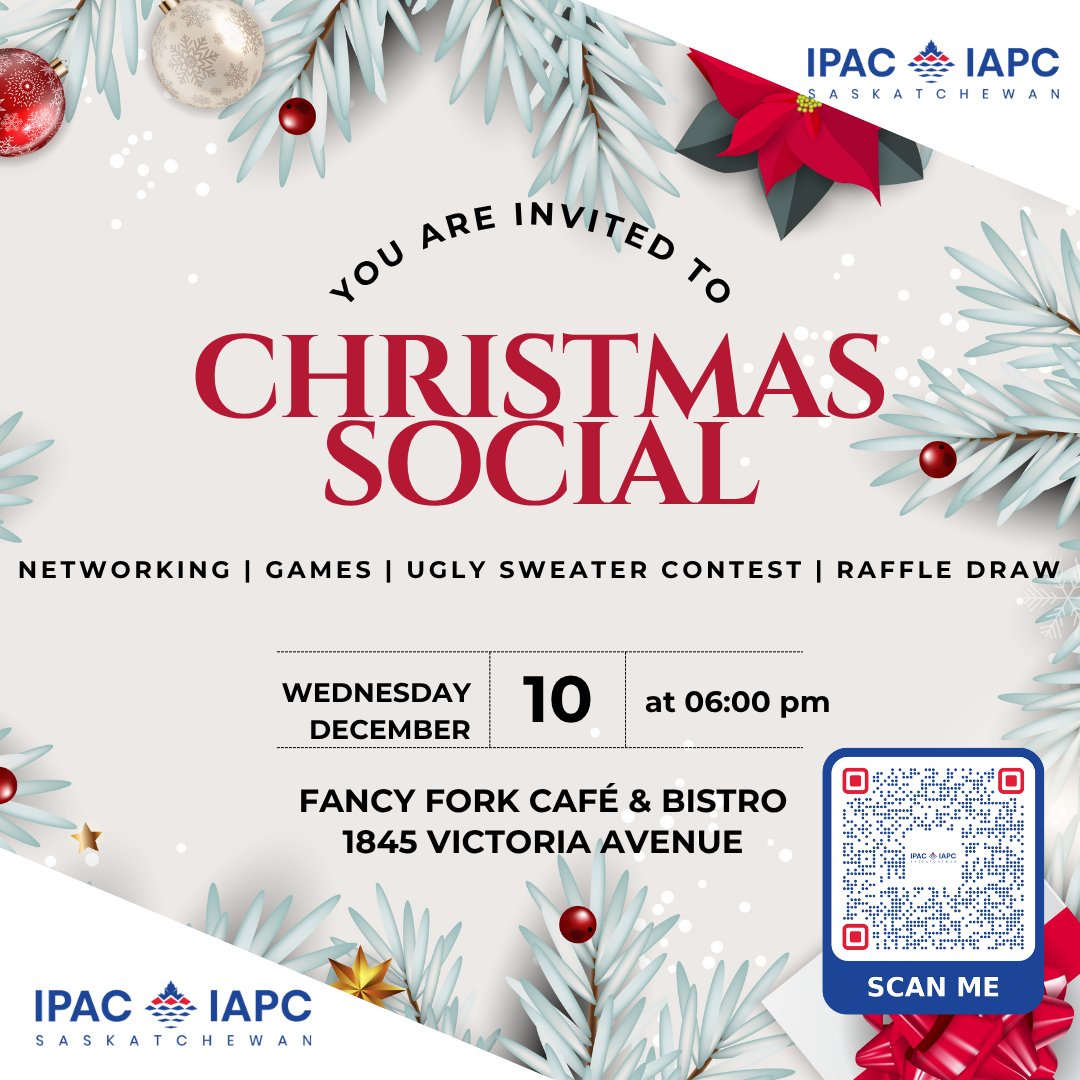 Spaces are filling up fast! Booked yours yet?

Don’t miss this chance to enjoy a relaxed evening filled with holiday cheer. Seats are limited- save yours here- lnkd.in/giuW9zjf

RSVP by Friday, December 5th.
#IPACSaskatchewan #HolidayNetworking #PublicServiceProfessionals