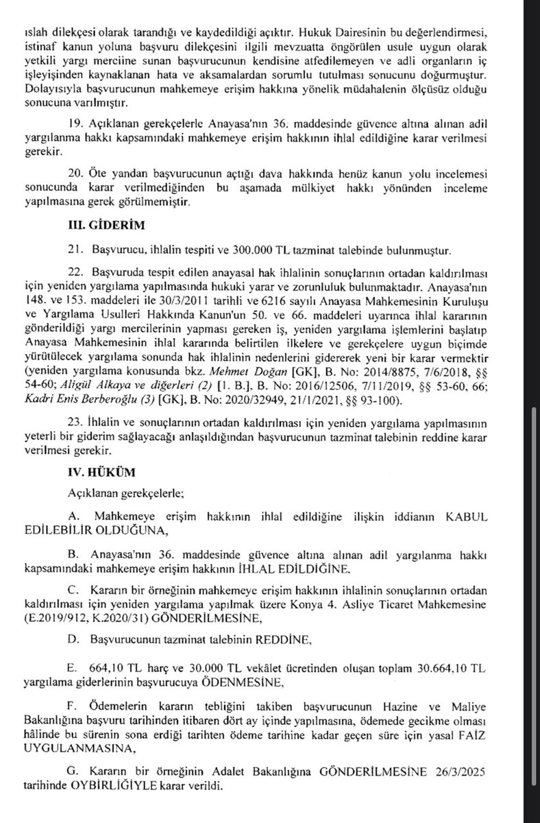 RG’de yayımlanan AYM Kararı⤵️

İstinaf dilekçesinin UYAP’a mahkemece sehven ıslah dilekçesi olarak kaydedilmesi nedeniyle istinaf başvurusunun reddi ve bu karara karşı yapılan temyiz başvurusunun incelenmemesi mahkemeye erişim hakkının ihlalidir.

2022/56628 B. No

Olaya bak 🤷🏻‍♂️