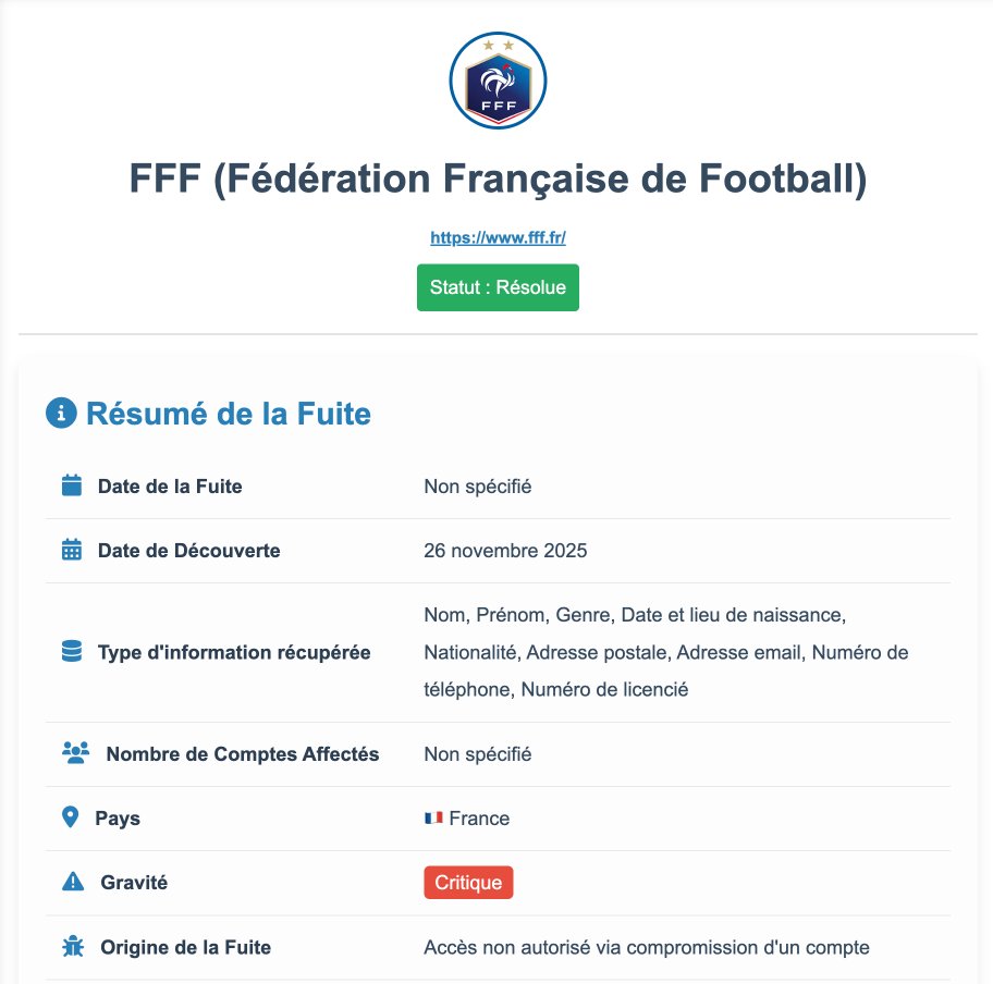 FunInformatique's tweet image. 🚨 🇫🇷 Nouvelle fuite de données à la FFF : vérifiez vite si votre email est compromis ! 🚨 funinformatique.com/fuite_de_donne…

La Fédération Française de Football (FFF) a annoncé avoir été victime d’un acte de cybermalveillance ayant permis un accès non autorisé à l’un des comptes utilis...