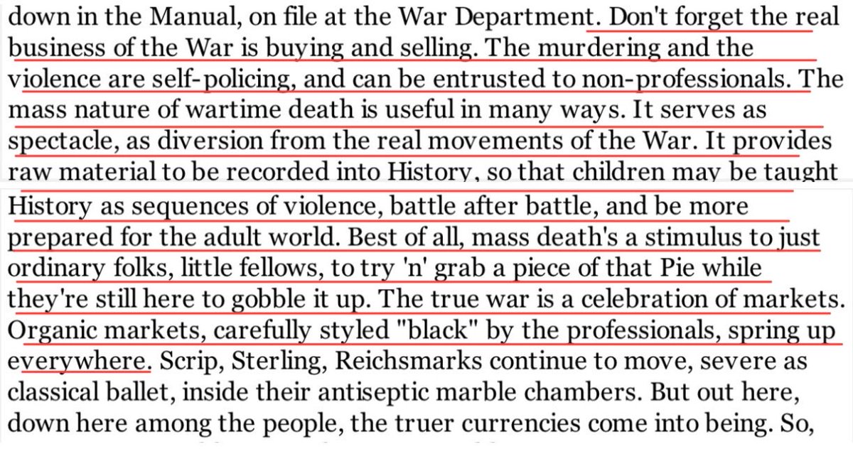 KlonnyPin_Gosch's tweet image. “The true war is a celebration of markets…. It serves as spectacle, as diversion from the real movements of the War. It provides raw material to be recorded into History, so that children may be taught History as a sequences of violence… Best of all, mass death’s a stimulus to…