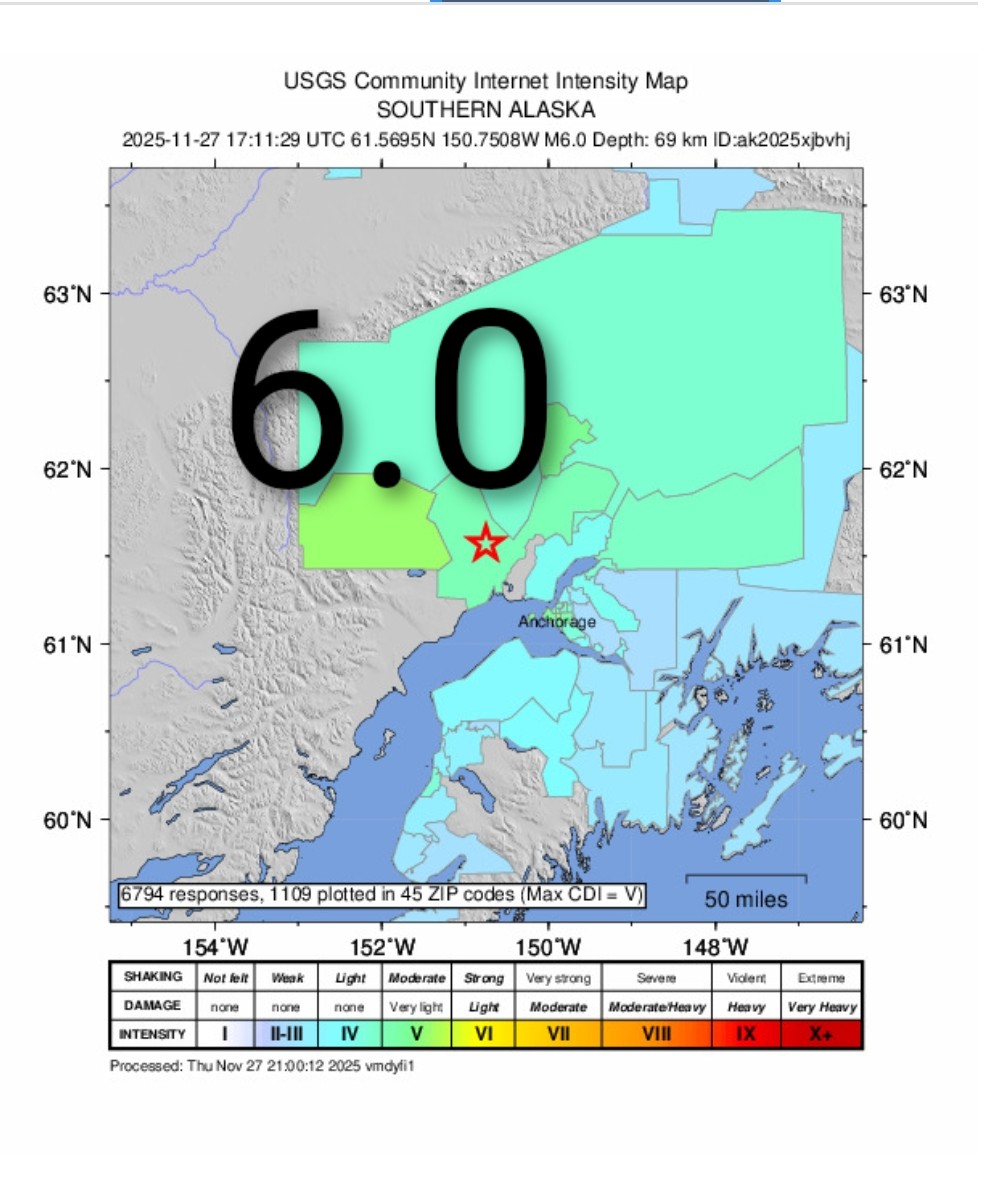 Quakeprediction's tweet image. 6.0 earthquake hits exactly in warning area near Anchorage... please see forecast maps on website.