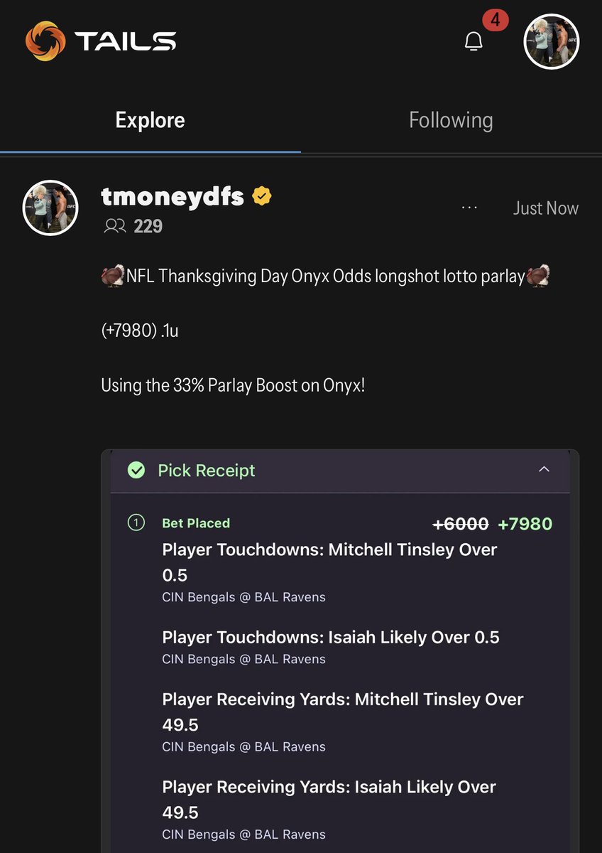 🦃NFL Thanksgiving Day Onyx Odds longshot lotto parlay🦃

(+7980) .1u

Using the 33% Parlay Boost on Onyx!

Why not throw a crazy parlay together for the last game of the night?