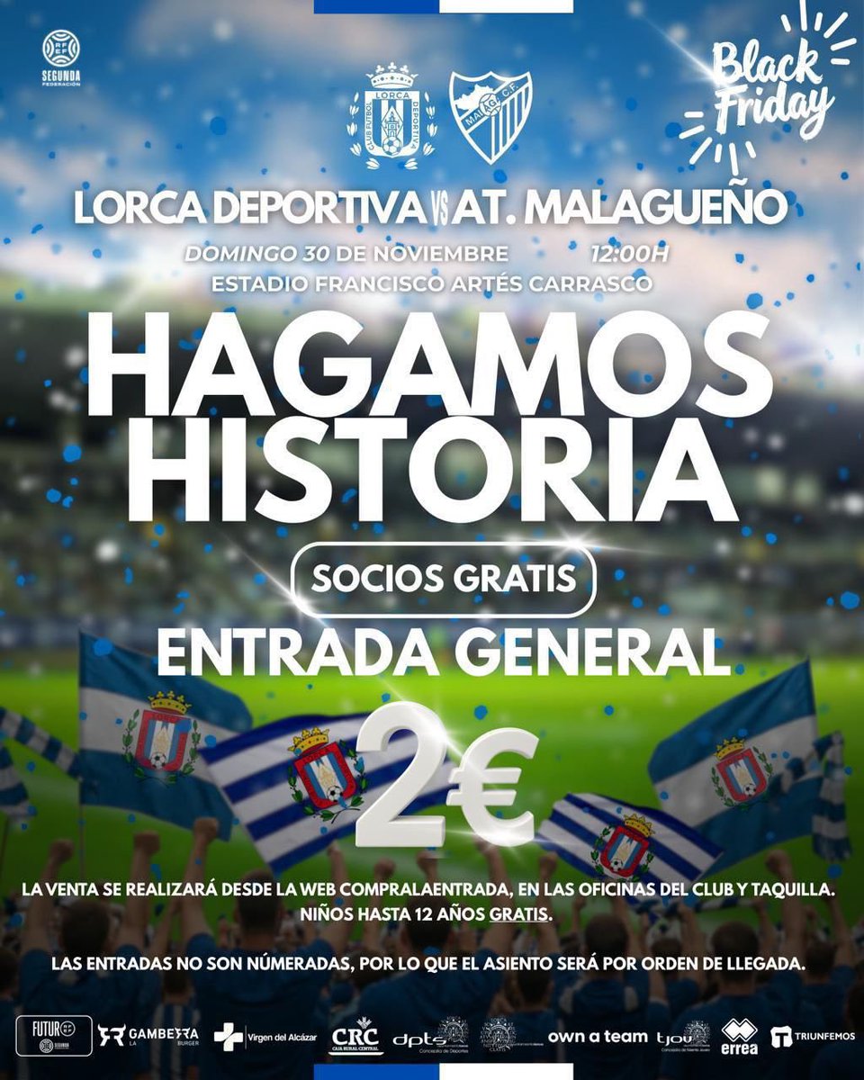 #TribunaRFEF #segundaRFEF:
🔥🔝 Tremenda la campaña para ver el partido de este Domingo entre el <a href="/lorcadeportiva/">Lorca Deportiva</a> 🆚 <a href="/AtlMalagueno/">ATMalagueno</a> .
🎟️ Entradas a 2 Eur para el público en general.
▶️ El club está deportivamente en racha ganadora, en puestos de Play Off de ascenso.
❓¿Se llenará