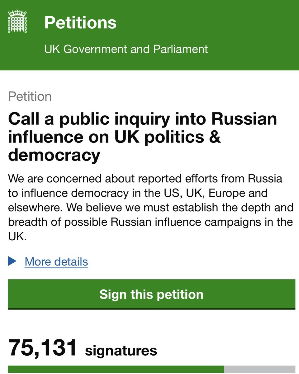 PeterStefanovi2's tweet image. 🚨WOW! The Petition calling for a public inquiry into Russian influence on UK politics &amp;amp; democracy has now rocketed past 75,000 signatures! 🙏

LET’S KEEP GOING!

If a petition is what it’s going to take let’s get this done!

petition.parliament.uk/petitions/7442…