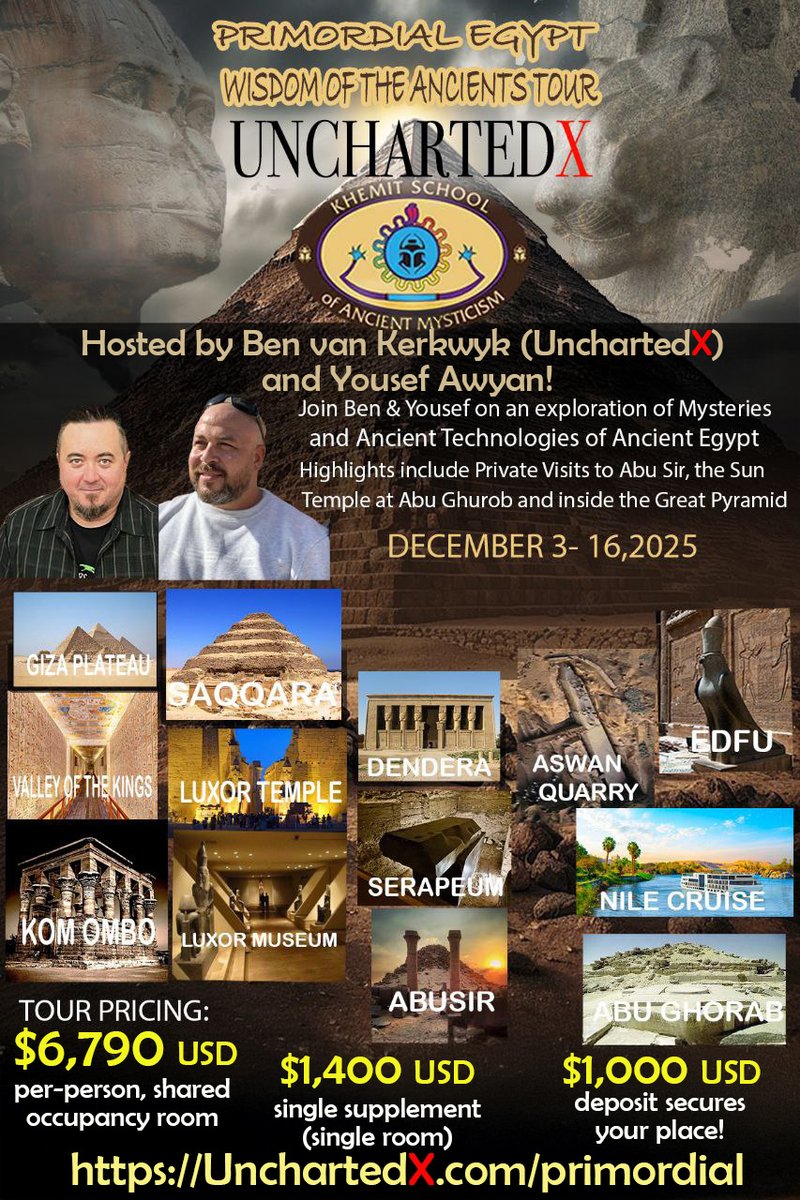 Getting ready to head off to Egypt for the December Primordial Tour - there are few spots still open for anyone looking for an adventure before the end of the year! Happy to say that we'll also be joined by Russ Allen of <a href="/SnkBrs/">Brothers of the Serpent Podcast</a>! All the details are here: unchartedx.com/primordial