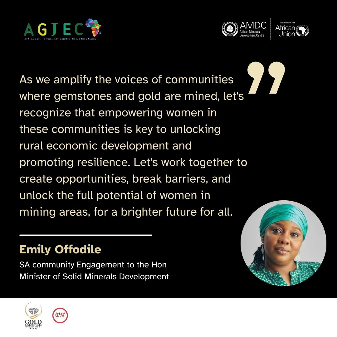 AfricanAmdc's tweet image. Hearing mining communities &amp;amp; empowering their women = unlocking rural development. That&apos;s the goal of #AGJECLagos. Join us in building a more inclusive gemstone &amp;amp; jewellery sector. #ValueAddition
