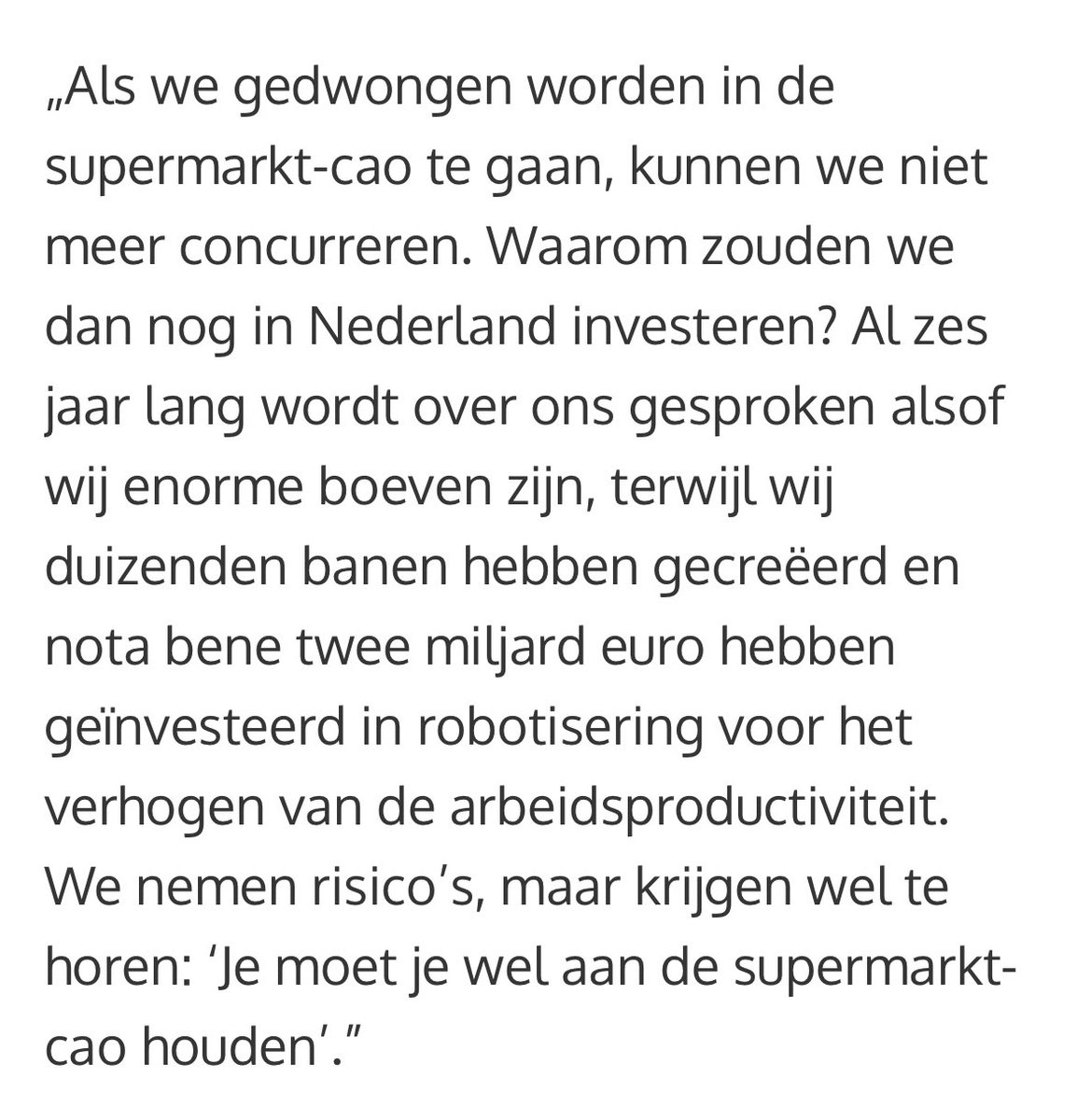 peterkwint's tweet image. Dus je hebt 250-300 miljoen. Je noemt je eigen bedrijf online supermarkt. En gaat dan lopen janken als je je aan de supermarkt-CAO moet houden. En dan dreig je met vertrek uit Nederland. Ga lekker dan. deondernemer.nl/arbeidsmarkt/m…