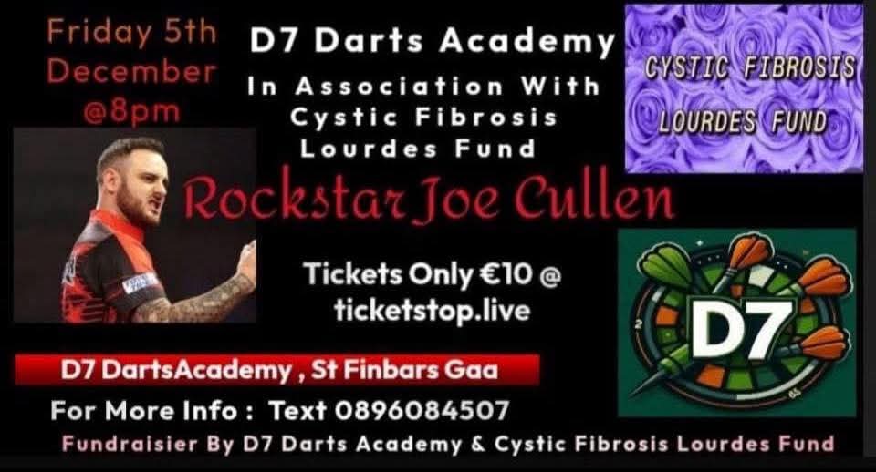Friday December 5th D7 darts academy host <a href="/rockstar_13_/">J O E C U L L E N</a> in support of Cystic Fibrosis #dartsexhibitionsireland 🇮🇪🎯🍀