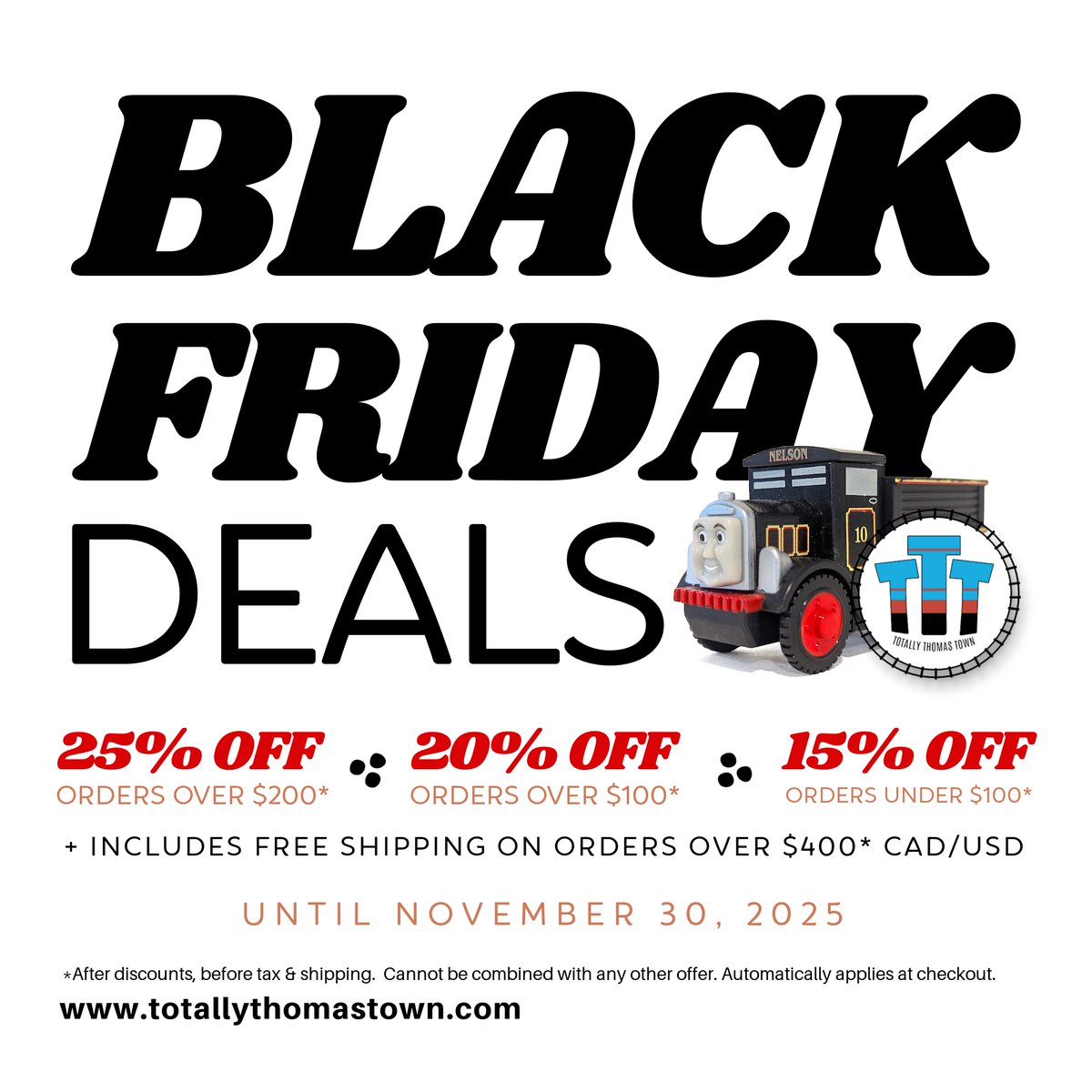 Full steam ahead into Black Friday! Save 15–25% on absolutely everything!

Shop items before they are gone at: totallythomastown.com

#ttt #totallythomastown #thomasandfriends #thomasthetankengine #bigjigs #trains #kidstoys #kidsplay #onlineshopping #onlineorder