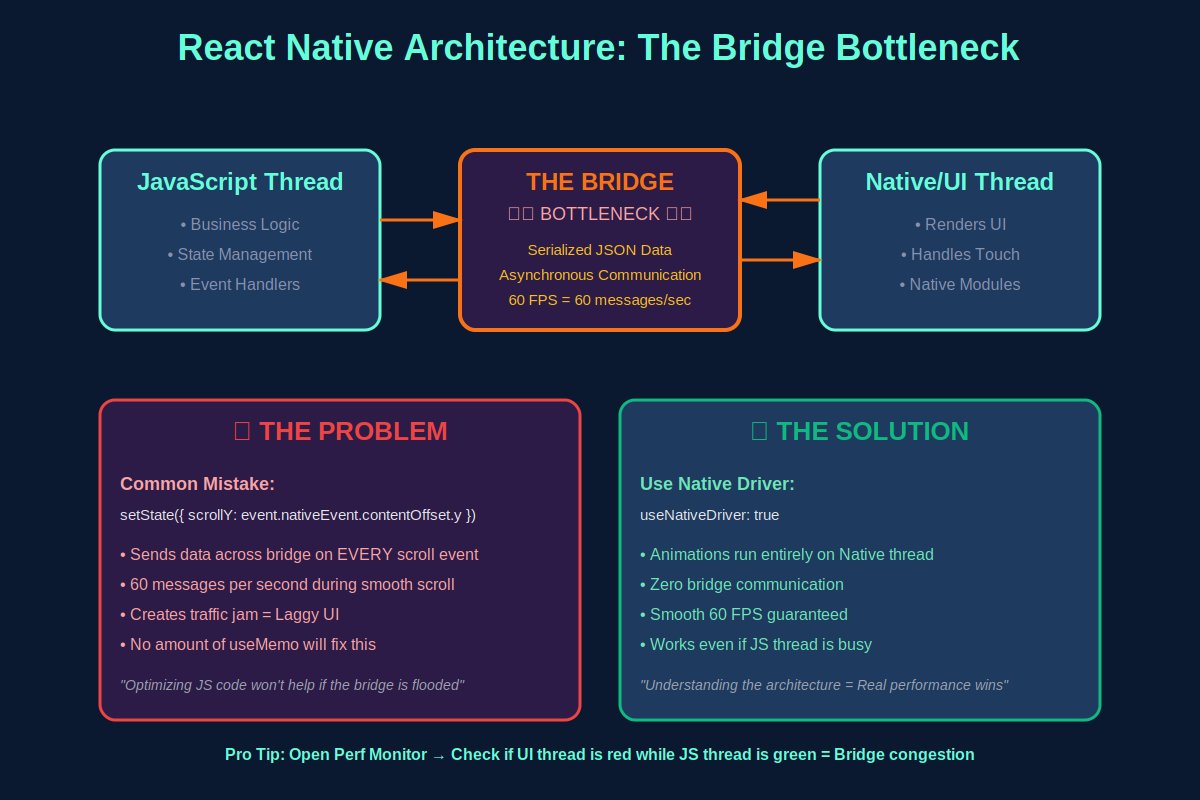 Akam_peter001's tweet photo. Your React Native app isn't slow because of JavaScript.

It's slow because of the bridge.

Here's what 90% of developers get wrong about RN performance 🧵 https://t.co/E8rdoqQPKW
