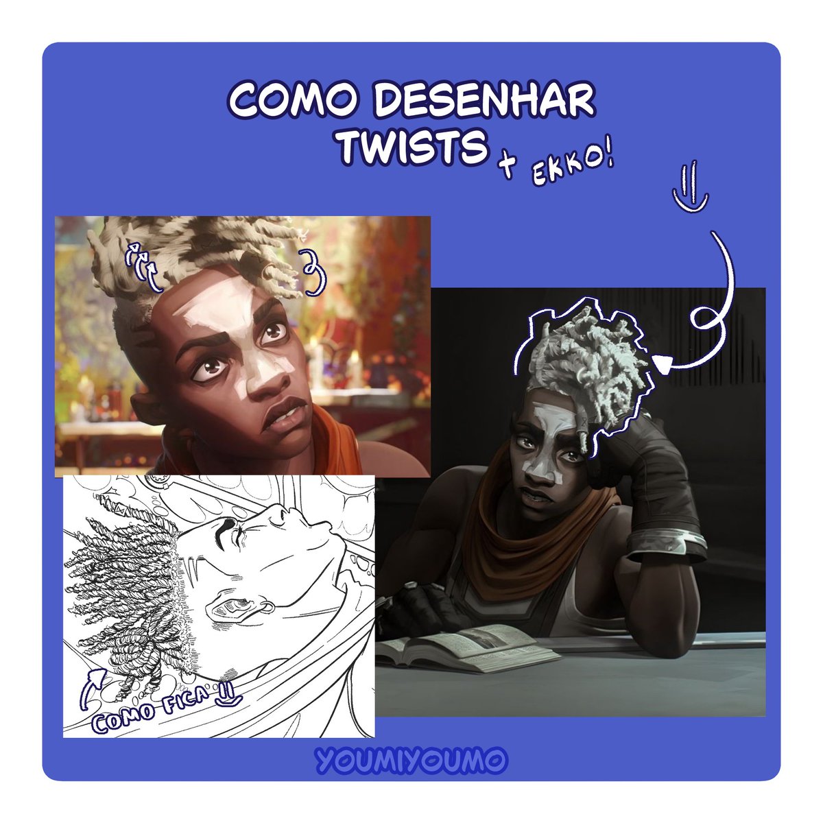 youmiyoumo's tweet image. quer saber como desenhar twists? vem que eu te ensino um jeitinho (com o querido Ekko)!

válido pra quem quer aprender a fazer o cabelo da Kemi também :D segue o fio!

#tutorial #arte