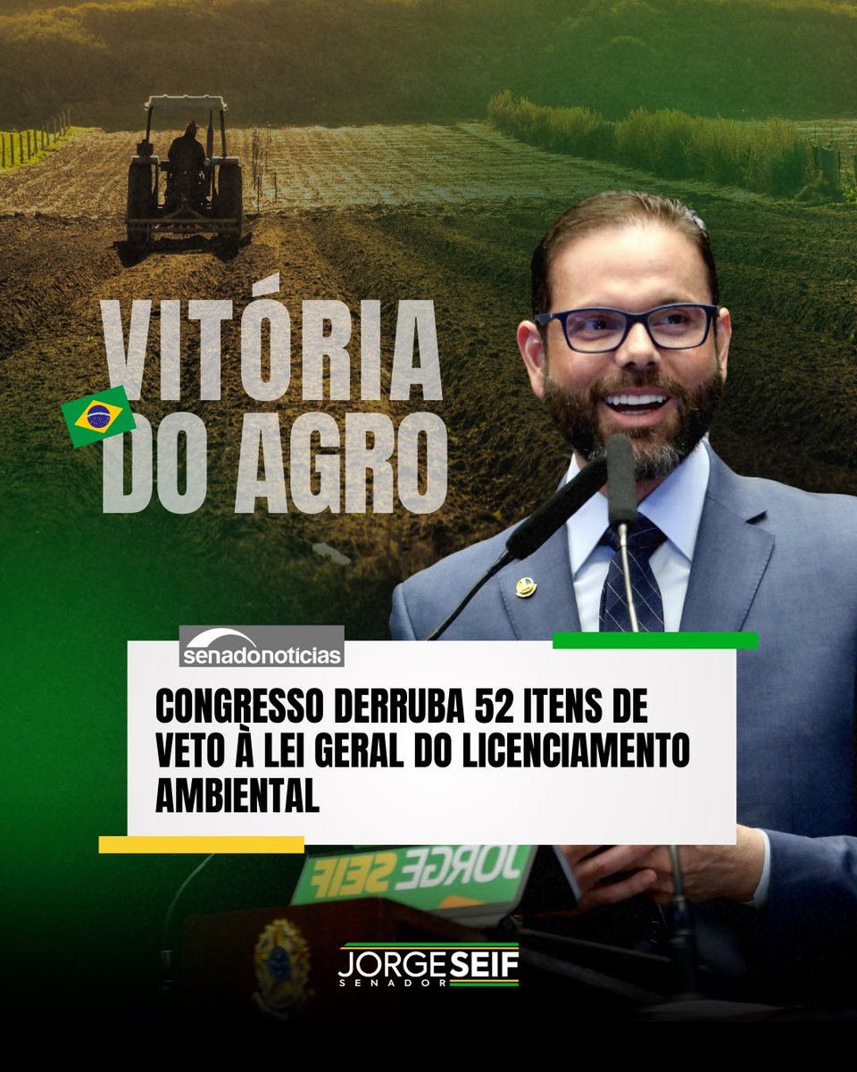 Hoje derrubamos os VETOS AO LICENCIAMENTO AMBIENTAL.

Conquista fundamental para quem produz, gera emprego e atrai investimentos.

Mais agilidade, mais segurança jurídica e menos burocracia para destravar o desenvolvimento do Brasil.

Vitória do Agro!
Vitória do País!