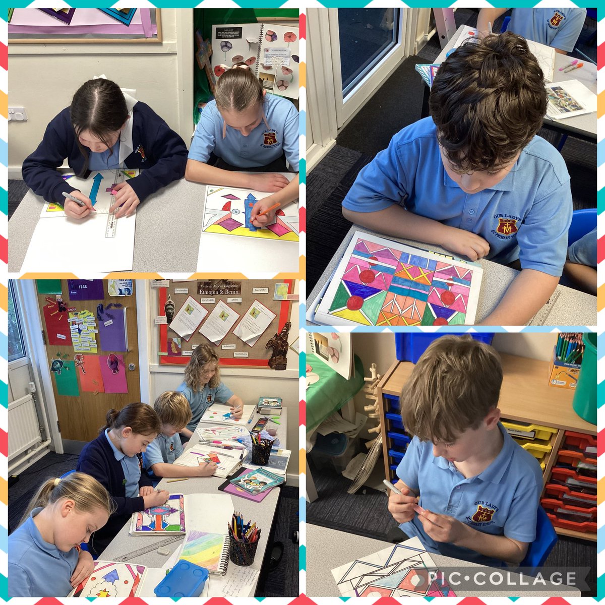 belindajohn71's tweet image. Working hard on their final designs this afternoon Year 6 @Year6MissW took inspiration from Esther Mahlanghus  geometric, symmetrical art work and have created their own vibrant designs #SouthAfrica ##SouthAfricanartist #geometricpatterns #symmetry #culture #heritage