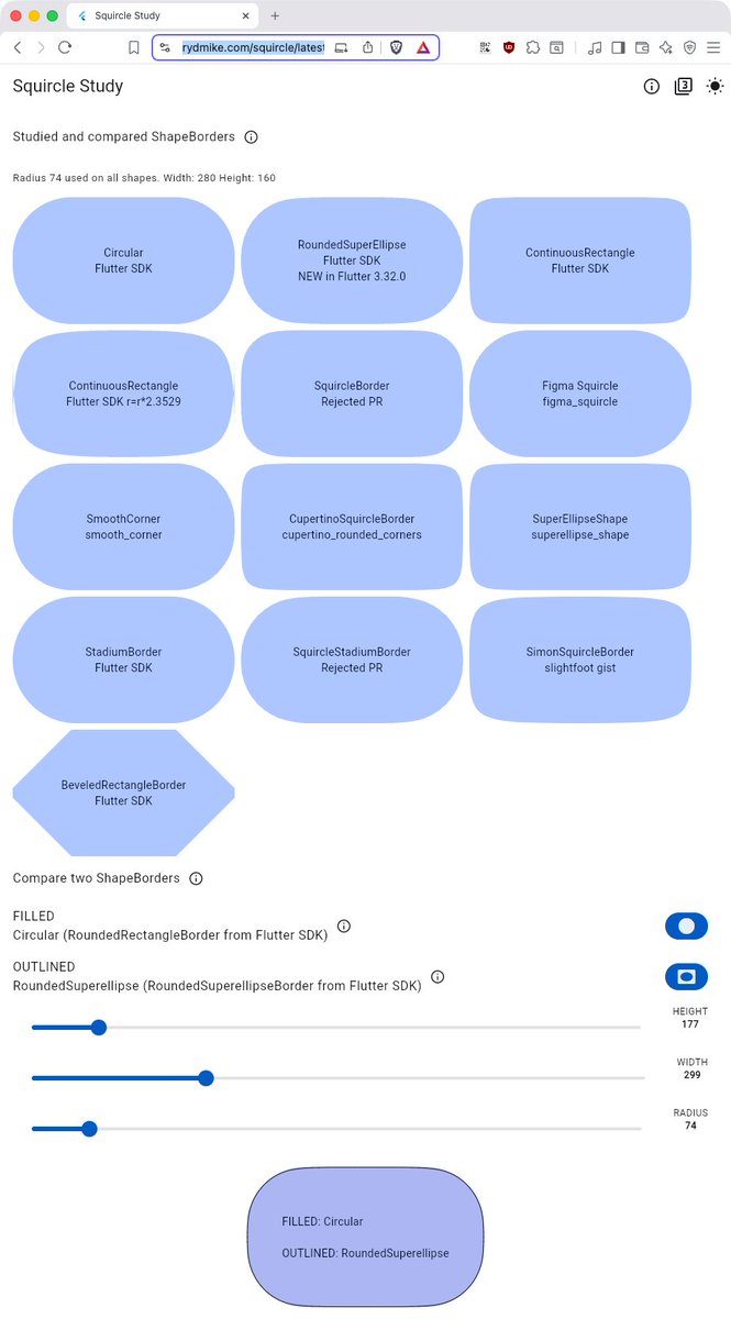 RydMike's tweet image. When #FlutterDev squircles (RoundedSuperellipseBorder) was released in Flutter 3.32, it did not work on Web builds, it drew vanilla circular borders on Web. Noticed that it works in 3.38, not sure when Web support was added, but VERY cool and thanks! 😎💙 rydmike.com/squircle/lates…