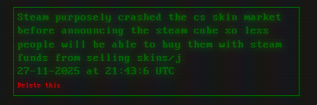 gamingnoobdev's tweet image. nyoooo i cant sell my 40272094097 cs skins for a steam cube 🥀
(ive never played cs and likely wont lol)