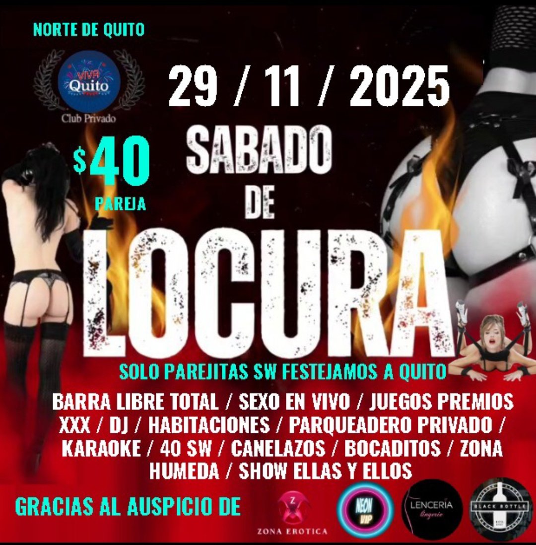 Muchas gracias terminamos reservas con mi gran grupo de parejitas este sábado como siempre Imbabura con el 70% de parejas visitándonos 
30 parejitas 
4 unicornio 
2 últimos cupos de pareja disponibles 
Todo listo gracias en especial a neón vip y su auspicio 
<a href="/ComunidadSwEc1/">ComunidadSwEc 🇪🇨♠️📳</a>