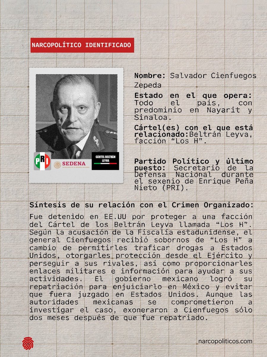 El ex secretario de Defensa, Salvador Cienfuegos, ya figura en la plataforma <a href="/narcopoliticos_/">Narcopoliticos</a>.