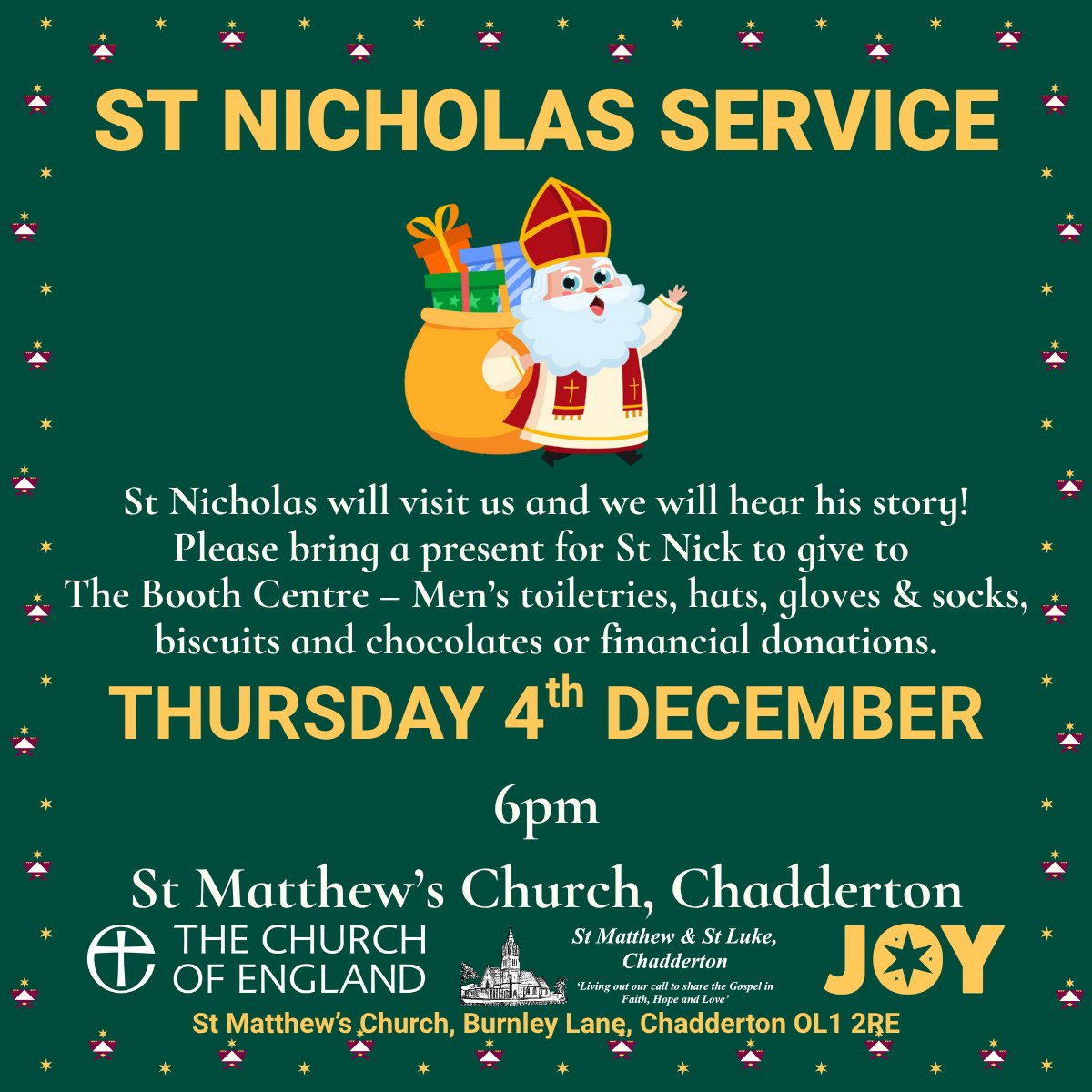 Join us tomorrow at 6pm for our family-friendly St Nicolas Service where we will hear from the man himself! Gifts kindly donated to St Nick will be given to The <a href="/BoothCentre/">Booth Centre</a>  in support of their amazing work in the city and to share #TheJoyOfChristmas.

#ChristmasAtStMatts