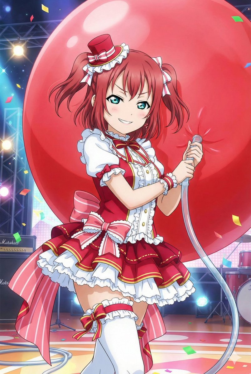 「ルビィちゃん！ はーい！ 何が好き？ チョコミント よりも 3・フィー・ト」
"Ruby-chan!  What do you like?　More than chocolate mint, 3-feet Balloon"
#風船  
#風船罰ゲーム   
#NanoBananaPro