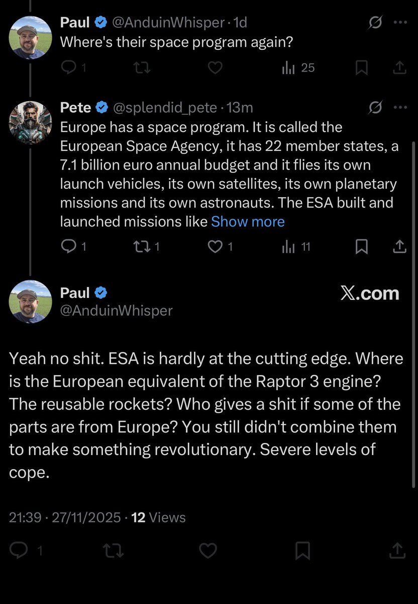 Coward piece of shit, I’ll still finish it.

Europe does not build an equivalent of Raptor for the same reason the US does not build ASML lithography machines. They specialise, they dominate their segment and they sell the critical hardware the other guy needs. Europe builds the