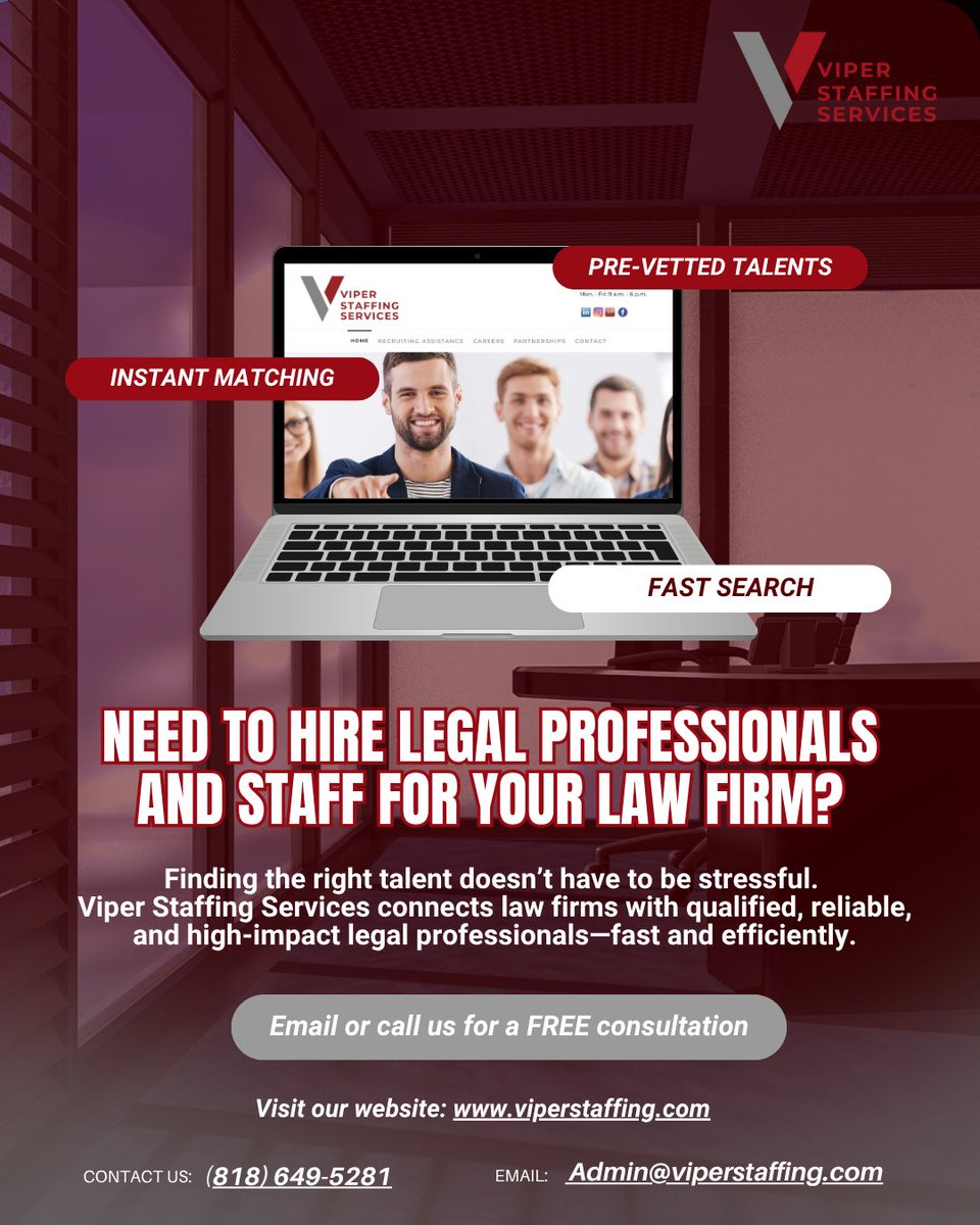 ViperStaffing's tweet image. Need qualified legal professionals ASAP?

📞(O) 818 478 7184
👉 Contact us today for your free consultation.

#HiringNow #LegalJobs #StaffingSolutions #LawFirmRecruitment #ViperStaffingServices #LegalProfessionals