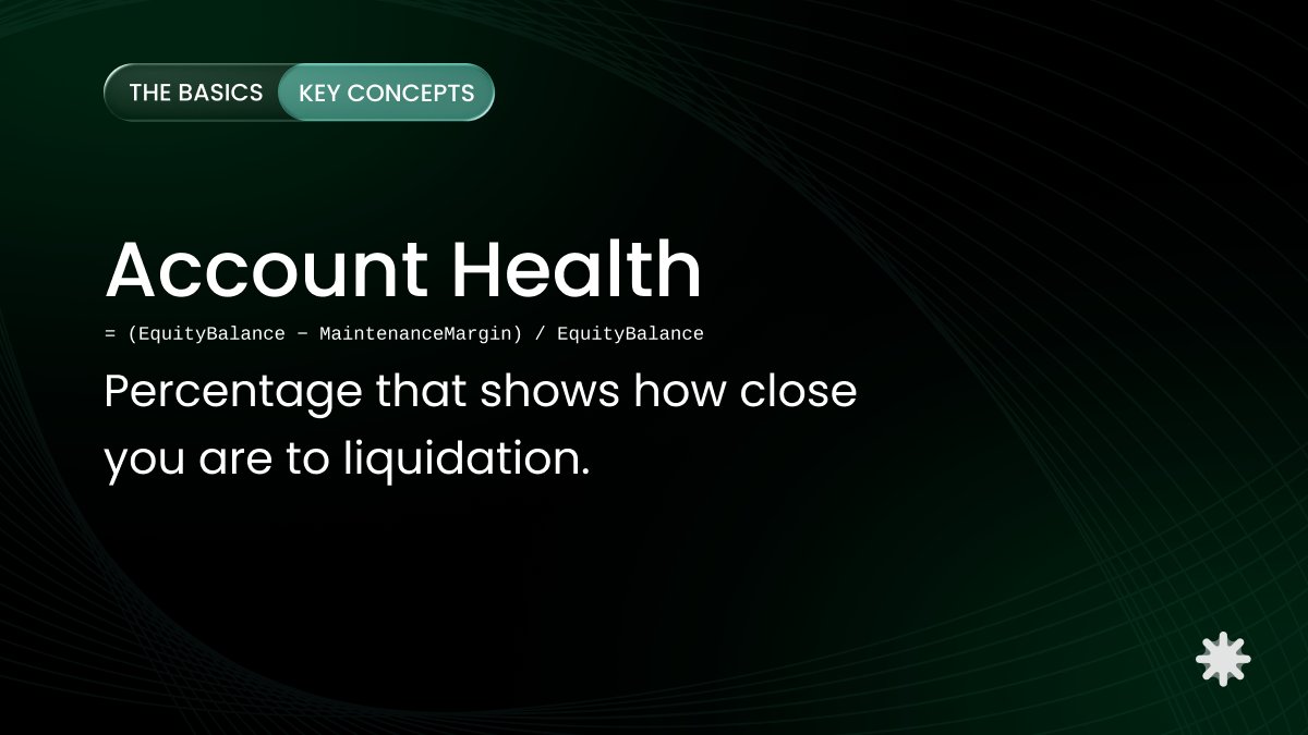 Not sure what Account Health actually tells you?
Think of it as your risk meter.

It’s calculated as:
(Equity − Maintenance Margin) / Equity

When it’s high, you’re safe.
When it’s low, liquidation can happen.

Keep an eye on it every time you trade 🤓