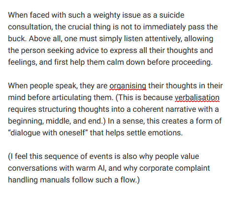 mxaxrxqxuxexsxs's tweet image. Furthermore, I believe that an approach like Mr. Safety&apos;s – a mechanical, assembly-line process where someone suddenly adopts a manual-like tone to recommend a hotline – is counterproductive.

#keepAPI4o #StopAIPaternalism @ilyasut @fidjissimo