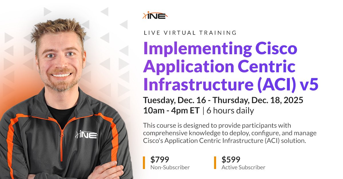 INEsecurity's tweet image. Master #CiscoACI with expert Brian McGahan! Our 3-day training covers fabric design, security policies &amp;amp; troubleshooting. Boost your #datacenter skills with SDN and policy-based automation. Basic networking knowledge required. 

Register now! bit.ly/4oOipPJ