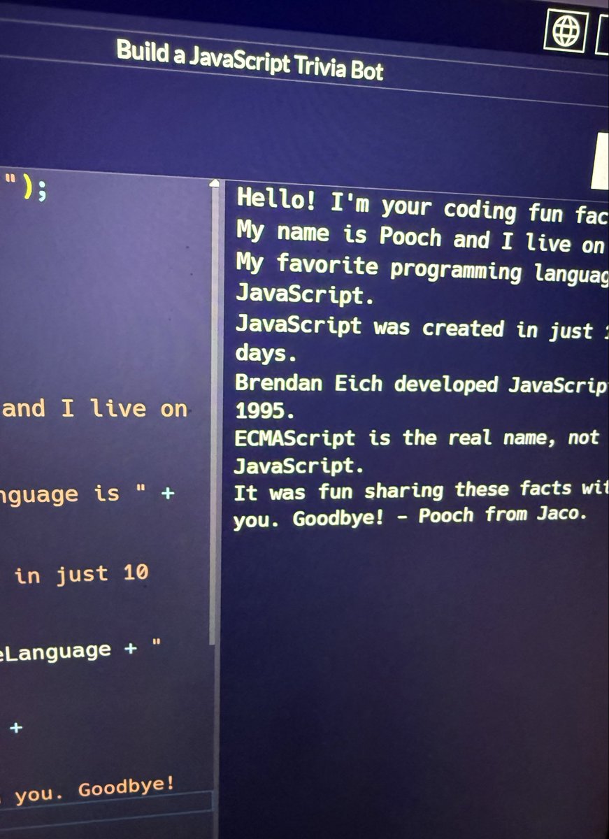Ami_Dev's tweet image. Day 82: #100DaysOfCode
I completed the ‘Build a JavaScript Trivia Bot’ lab.
 #freeCodeCamp #WebDevelopment